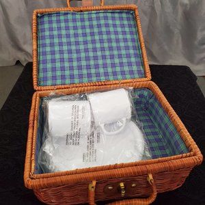 Vintage wicker latching lined picnic basket w/ dishes